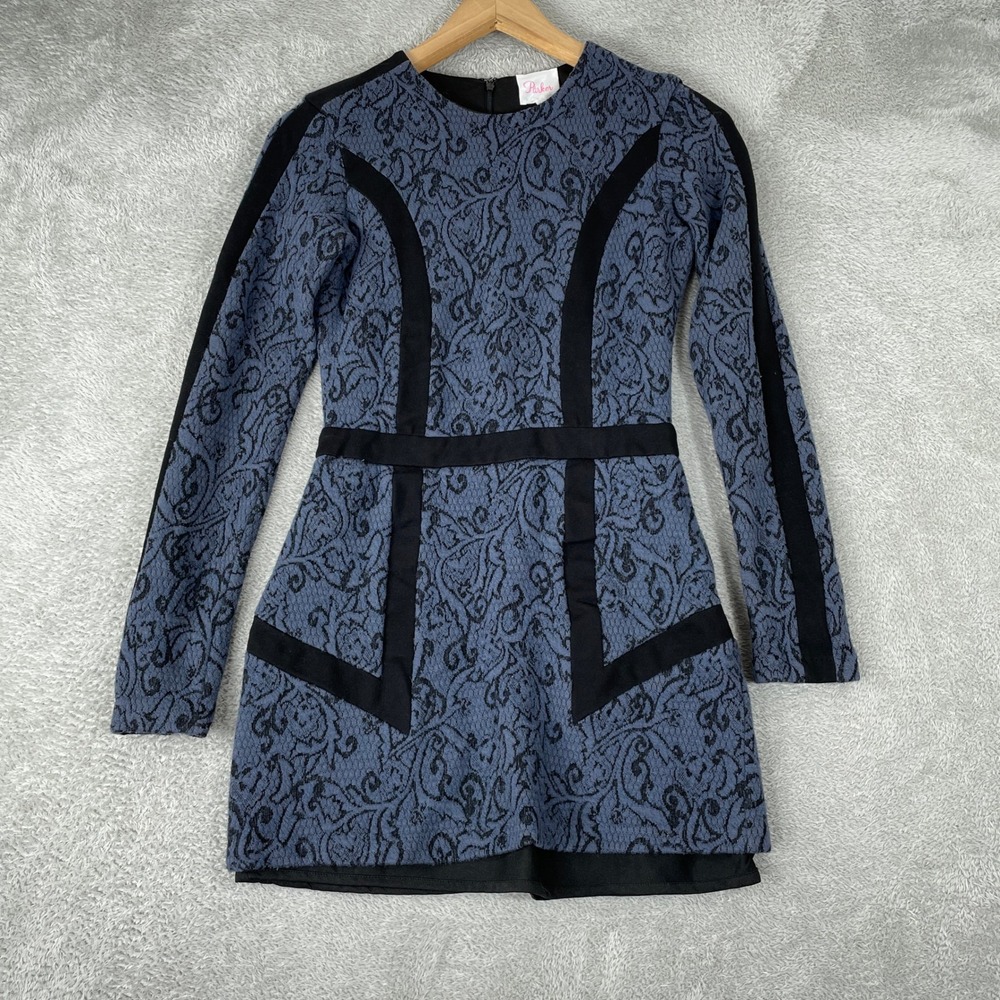 Parker Paisley Dress Womens XS Blue Black Jacquard Long Sleeve Mini Panel